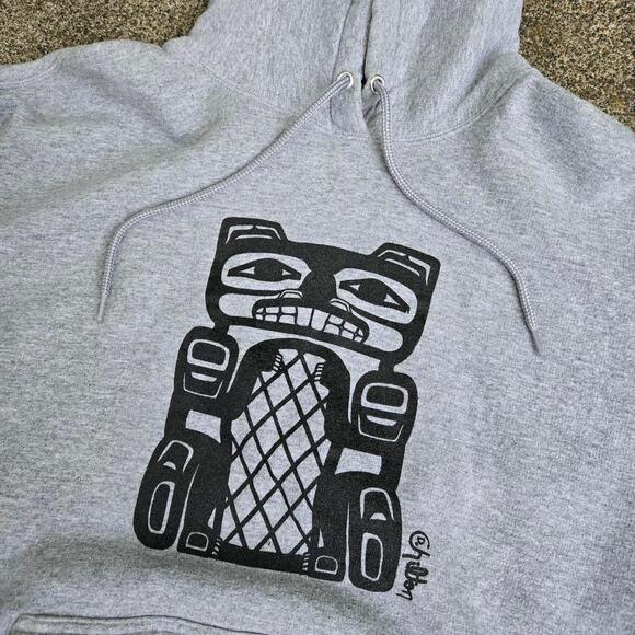 Vtg Y2k HAIDA Abstract Indigenous Art Graphic Print Nature Hooded Sweatshirt XL - Picture 3 of 6